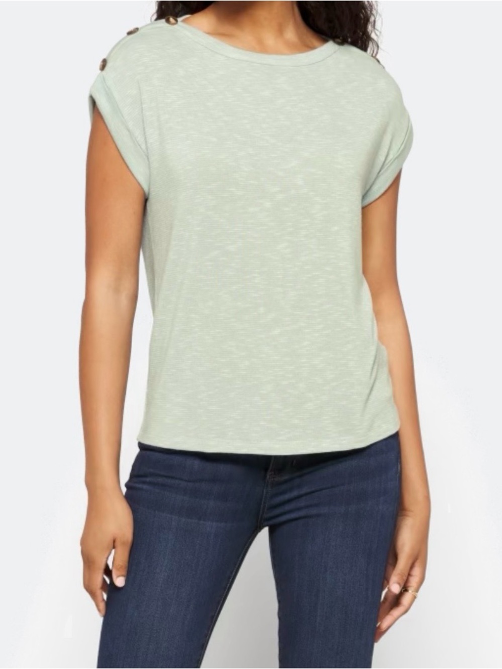 Kaileigh Mercy Light Sage Button-Shoulder Knit Short Sleeve Top